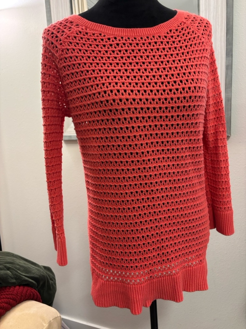 LOFT Coral Open-Knit Boatneck Sweater
